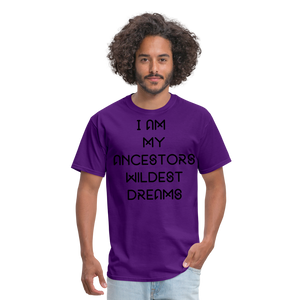 purple shirt with black writing